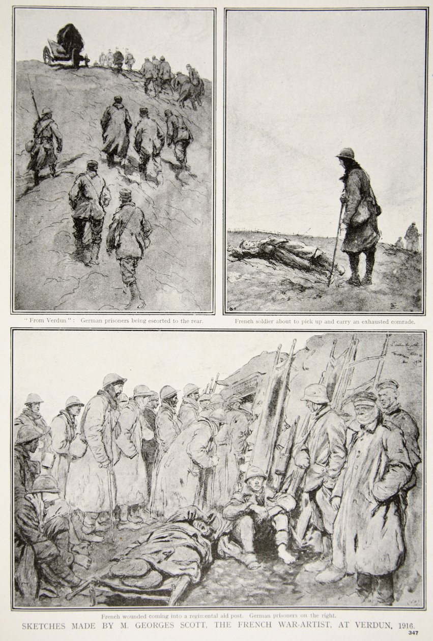 1916 के वर्दुन में एक फ्रांसीसी युद्ध-कलाकार द्वारा बनाए गए रेखाचित्र द्वारा एम। जॉर्ज स्कॉट