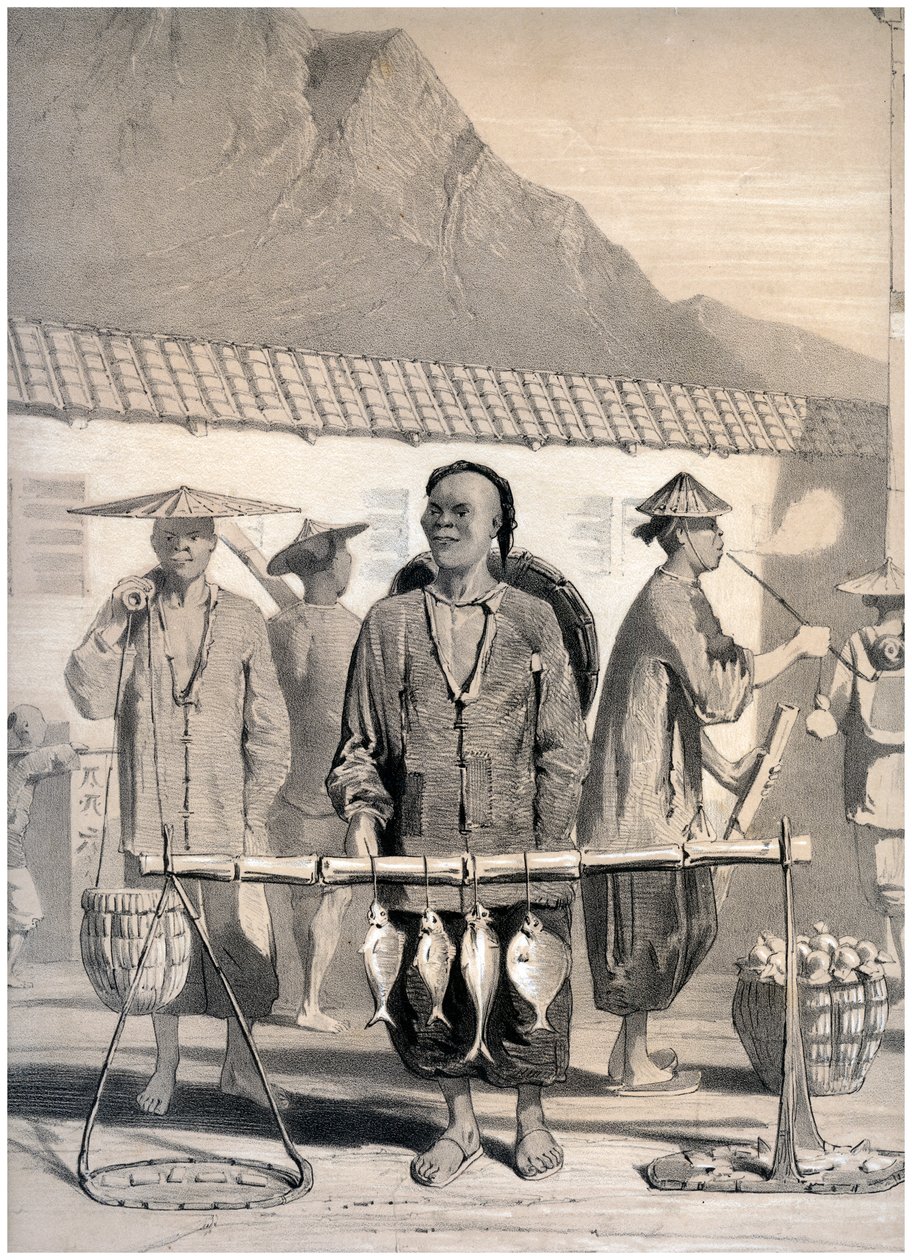 फिशमॉन्गर्स, विक्टोरिया स्ट्रीट, हांगकांग, चीन, c1860। द्वारा एम और एन हनहार्टो