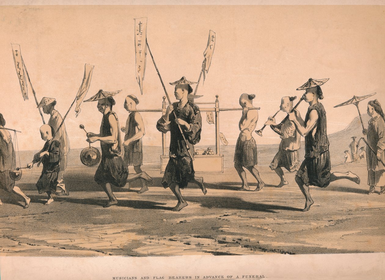 एक अंतिम संस्कार के अग्रिम में संगीतकार और ध्वजवाहक, c1860। द्वारा एम और एन हनहार्टो