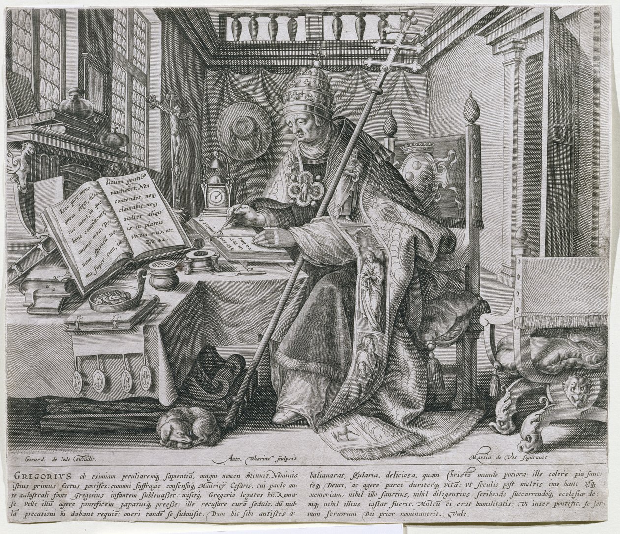 पोप ग्रेगरी I, द ग्रेट (c.540-604) ने अपने अध्ययन में, एंटोन वेरिएक्स (c.1552-c.1624) पब द्वारा उत्कीर्ण चार &39;पिताओं ऑफ द चर्च&39; को दर्शाती श्रृंखला से लिया है। जेरार्ड डी जोड द्वारा, सी। 1580 द्वारा Maarten de Vos