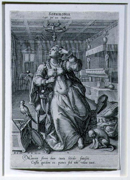 सोफ्रोनिया, राफेल सैडेलर I (1561-1632) c.1590 (उत्कीर्णन) द्वारा उकेरी गई 'तीन महिलाओं को शुद्धता के प्रतीक के रूप में' दर्शाती एक श्रृंखला से द्वारा Maarten de (बाद) Vos