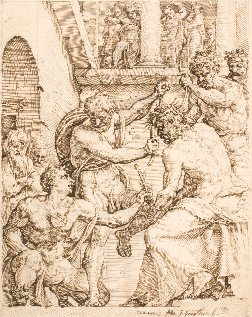मसीह कांटों का ताज पहनाया जा रहा है द्वारा Maarten van Heemskerck