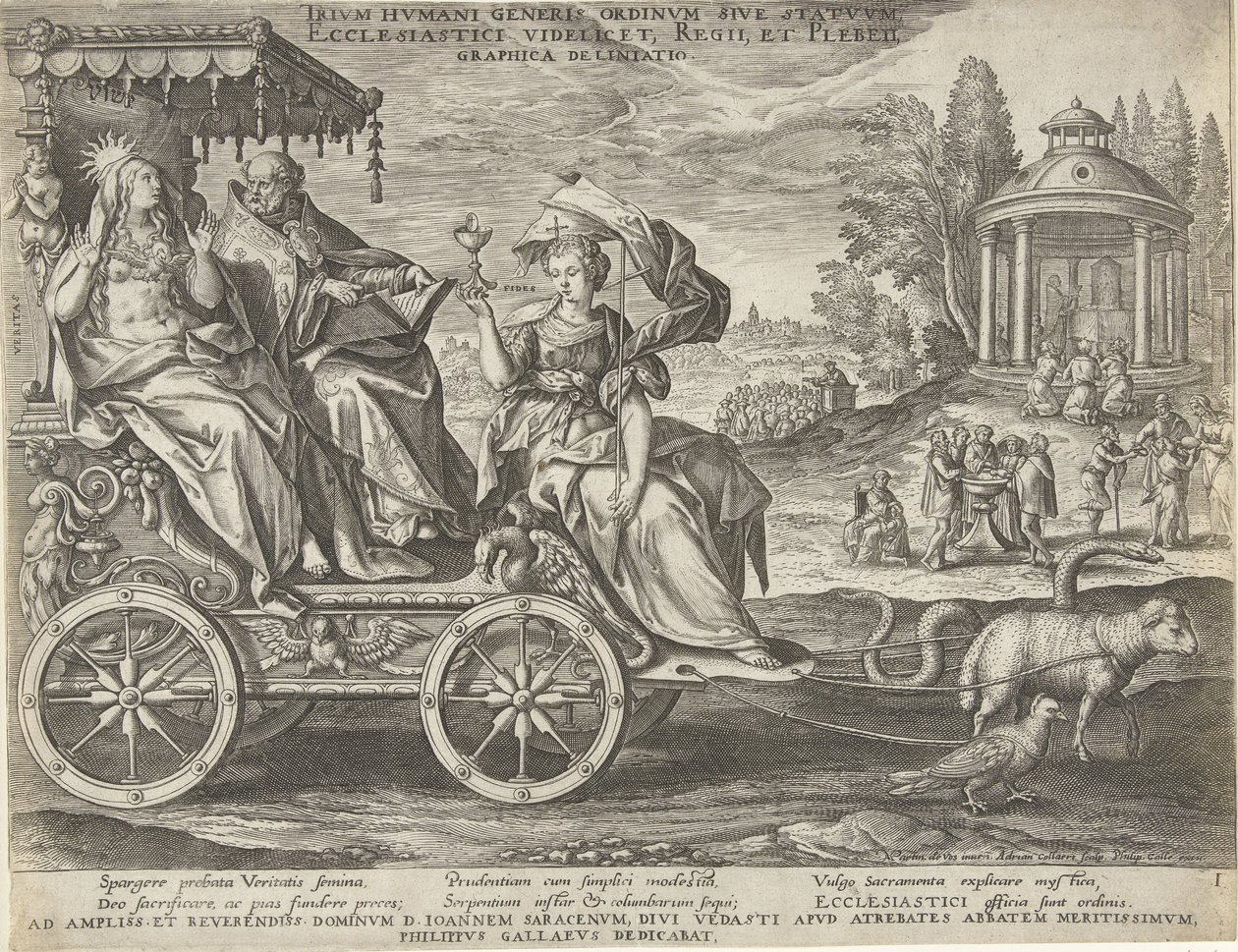 फर्स्ट इस्टेट का रूपक, मैर्टन डे वोस के बाद एड्रिएन कोलार्ट द्वारा उत्कीर्ण और फिलिप गॉल द्वारा प्रकाशित; जीन सर्राजिन को समर्पित है द्वारा Maarten de Vos