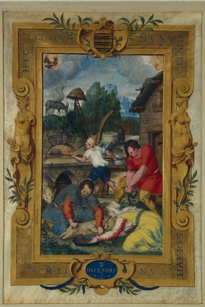 दिसंबर के लिए कैलेंडर पृष्ठ, घंटे की किताब से सुअर का वध, c.1550-60 द्वारा मैत्रे देस हेयर्स डे क्लाउड गौफर