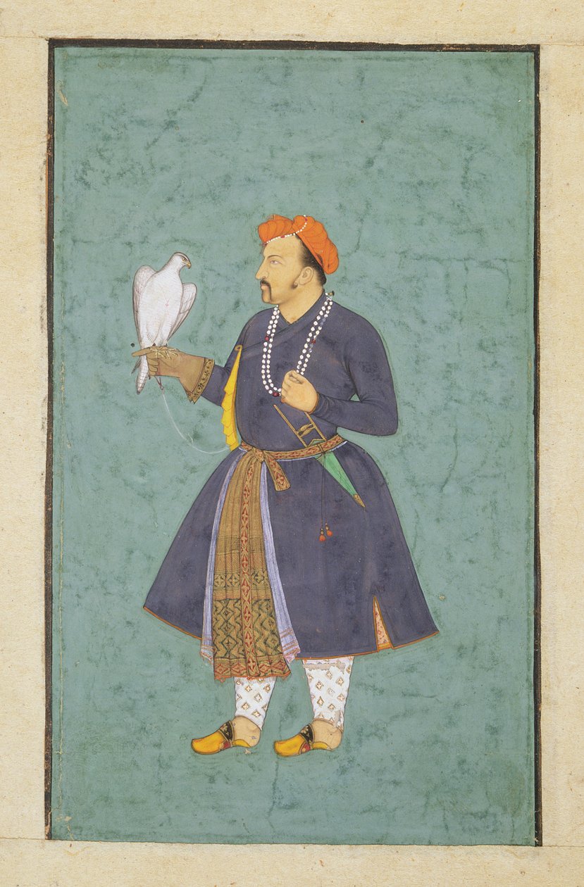 जहांगीर का पोर्ट्रेट एक फाल्कन पकड़े, c.1600-10 (डब्ल्यूसी और कागज पर सोना) द्वारा मनोहर अत्र। मनोहर अत्तर को को