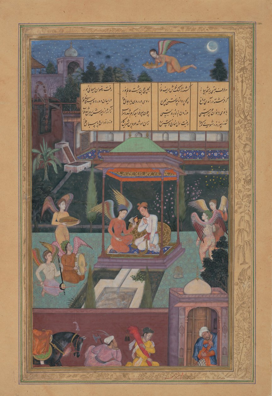 द स्टोरी ऑफ़ द प्रिंसेस ऑफ़ द ब्लू पवेलियन: द यूथ ऑफ़ रम इज़ एंटरटेन्ड..., 1597-98 द्वारा मनोहर