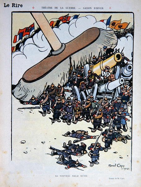 5 दिसंबर 1914 को 'द न्यू रशियन ब्रूम', 'ले रीयर' पत्रिका का कार्टून (कलर लिथो) द्वारा मार्सेल एमिबल ओएल कैपि