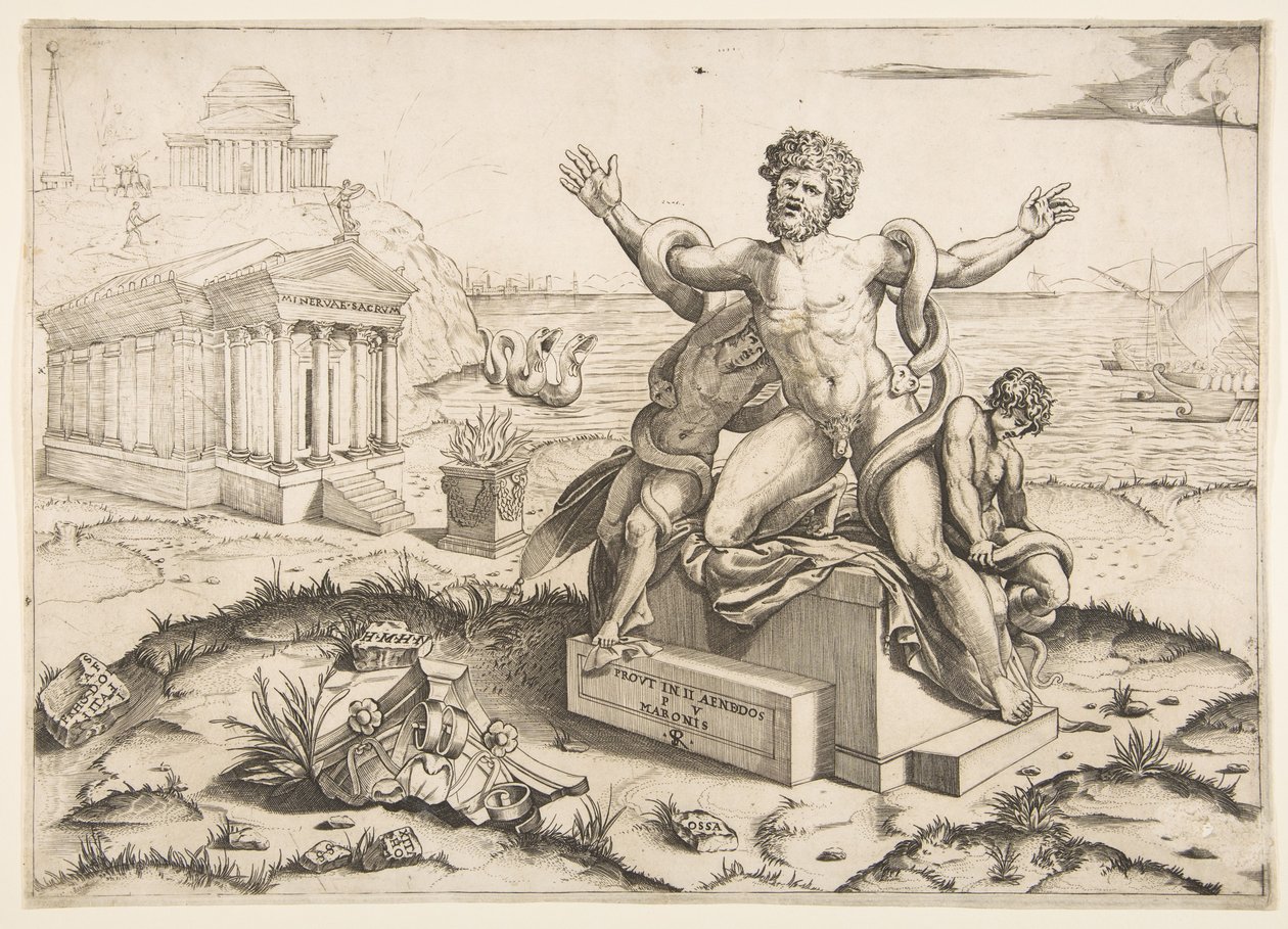 लाडोकोन और उसके दो बेटों पर नाग द्वारा हमला किया जा रहा है, एक मंदिर में Mi ..., ca. 1515-1527। द्वारा मार्को डेंटे