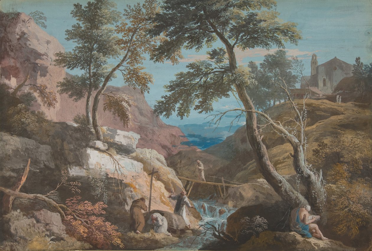 हर्मिट्स के साथ पहाड़ी लैंडस्केप, सीए। 1700-1730। द्वारा मार्को रिक्की