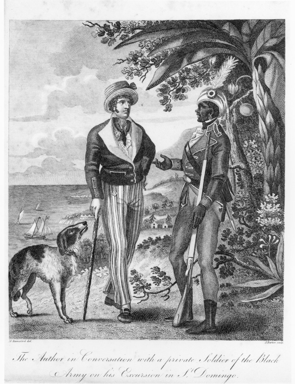 कैप्टन मार्कस रेनफोर्ड (c.1750-c.1805) ब्लैक आर्मी के एक निजी सिपाही के साथ, &39;हेटी के काले साम्राज्य का एक ऐतिहासिक खाता&39; के लिए अग्रगामी, 1805 प्रकाशित द्वारा मार्कस रेनफोर्ड