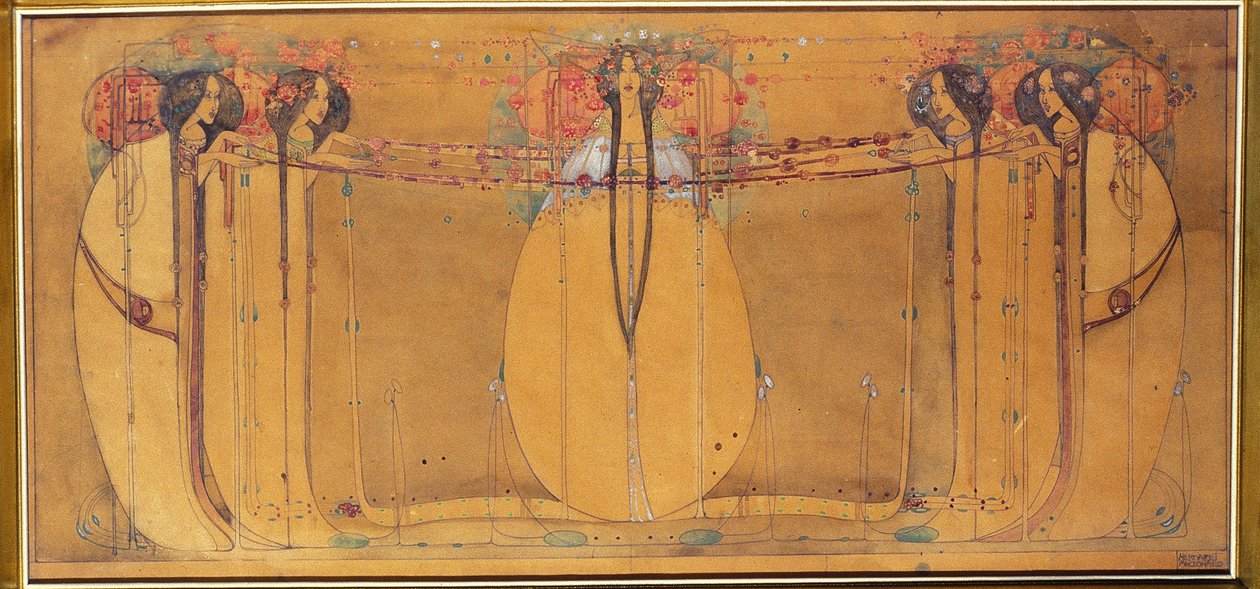 मे रानी, इनग्राम स्ट्रीट टीरूम के लिए पैनल के लिए कार्टून, c.1900 (कागज पर पानी के रंग) द्वारा मार्गरेट मैकडोनाल्ड