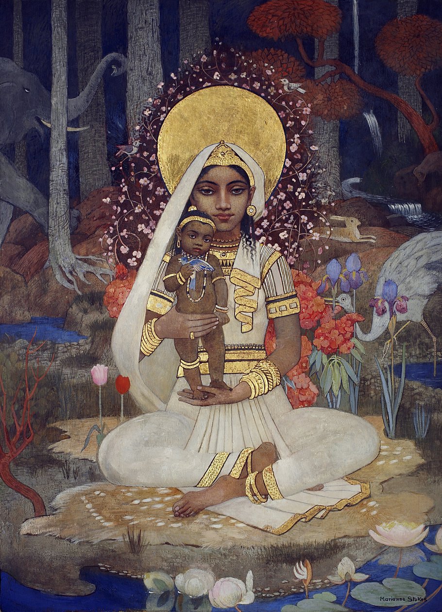 देवकी, मदर ऑफ कृष्णा (बोर्ड पर रखे गए कागज पर तड़का और सोने का पेंट) द्वारा मैरिएन स्टोक्स