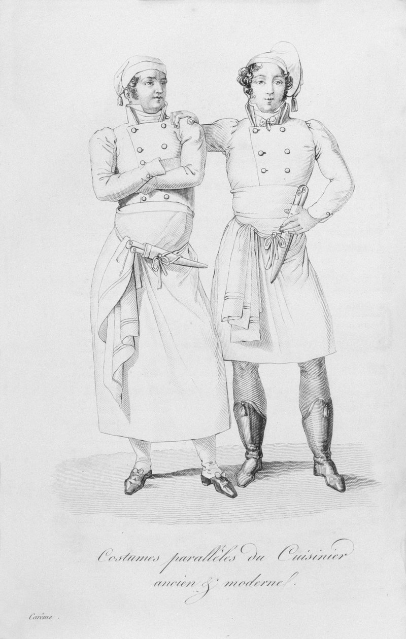 1822 में प्रकाशित मेरी एंटोनी केरेम द्वारा &39;ले मैत्रे डीहोटेल फ्रेंकिस&39; से विभिन्न युगों के रसोइयों की वेशभूषा द्वारा मैरी एंटोनी केरेमे