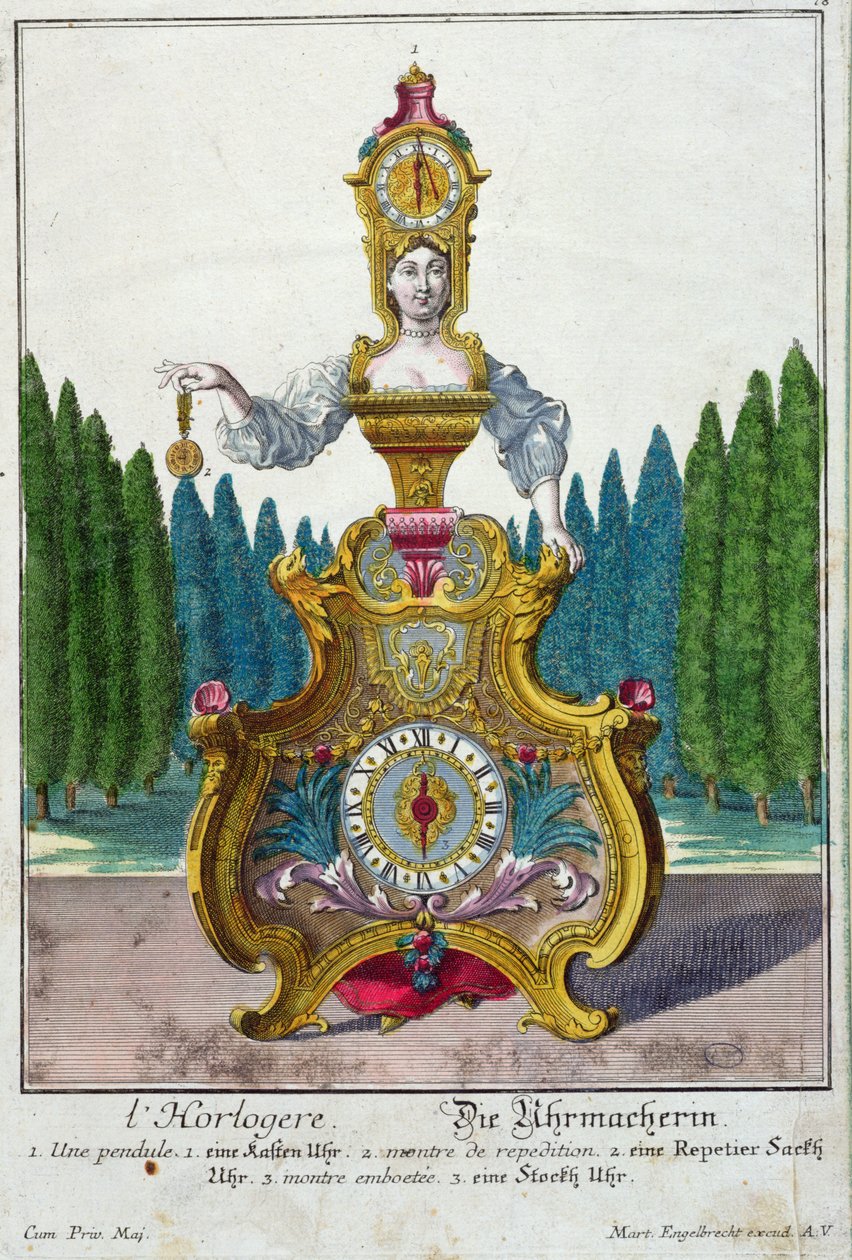 द क्लॉकमेकर, c.1735 (रंग उत्कीर्णन) द्वारा मार्टिन एंजेलब्रेट