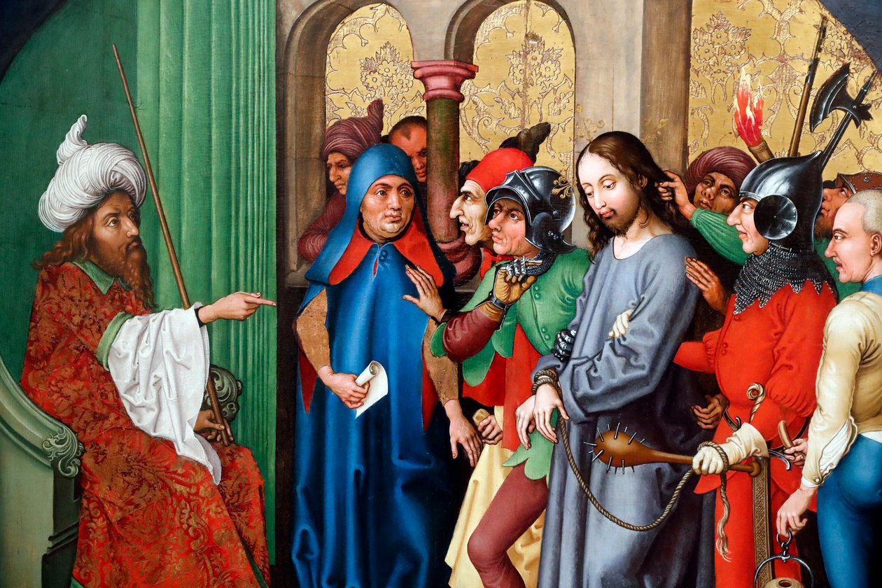 यीशु की निंदा की गई है Sanhedrin (लकड़ी के पैनल पर तेल) द्वारा मार्टिन शॉन्गॉउर