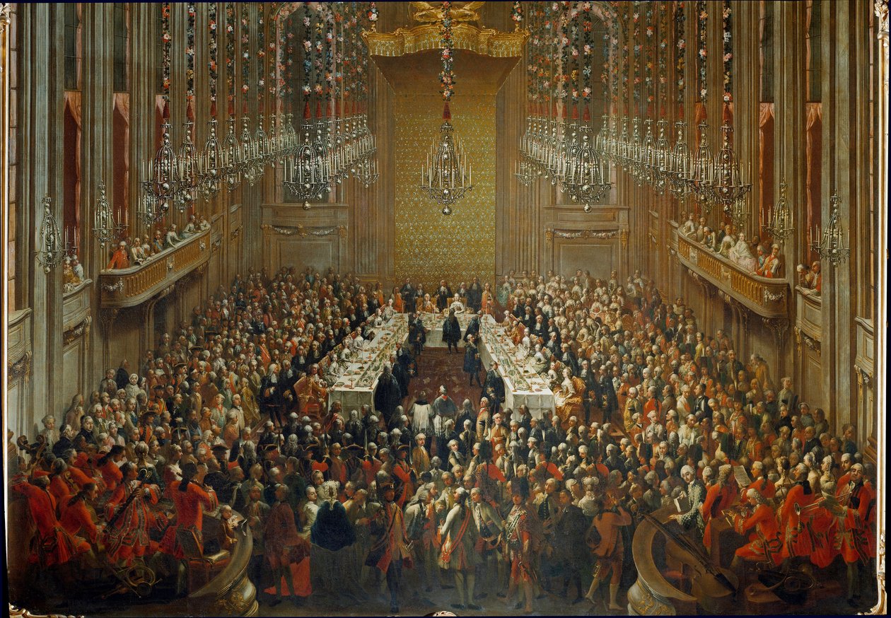 06/10/1760 पर सम्राट जोसेफ द्वितीय और पर्मा के इसाबेला की शादी के अवसर पर भोज। मोजार्ट ऑर्केस्ट्रा में खड़े होने के साथ द्वारा मार्टिन (स्टूडियो) मायटेंस या मेयटेन्स
