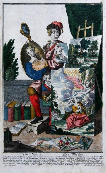एक पेंटर, c.1735 (रंगीन उत्कीर्णन) द्वारा मार्टिन एंजेलब्रेट