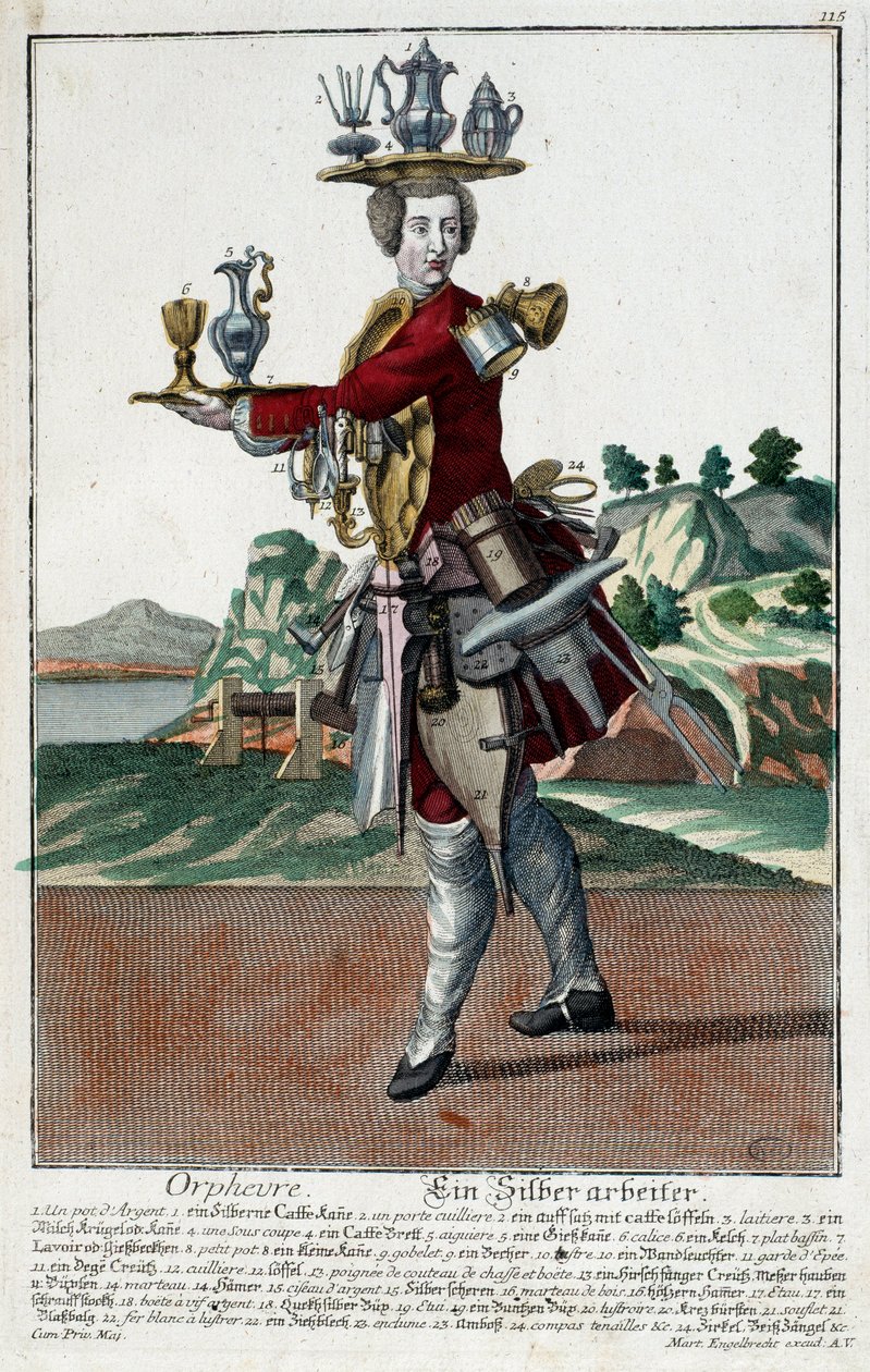 मेटियर: एक सुनहरी मछली। मार्टिन एंगेलब्रेक्ट (१६८४-१७५६) द्वारा उत्कीर्णन, "" युद्धाभ्यास हैबिल्स की नई सभा" में 18वीं शताब्दी, जर्मनी। पेरिस, सजावटी कला द्वारा मार्टिन एंजेलब्रेट