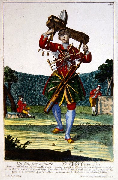 बांसुरी निर्माता, c.1735 (रंगीन उत्कीर्णन) द्वारा मार्टिन एंजेलब्रेट