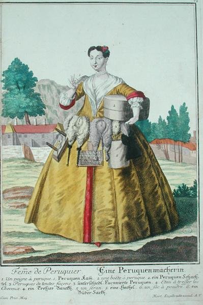 द विगमेकर्स वाइफ, ऑग्सबर्ग में प्रकाशित, c.1735 (कलर लिथो) द्वारा मार्टिन एंजेलब्रेट