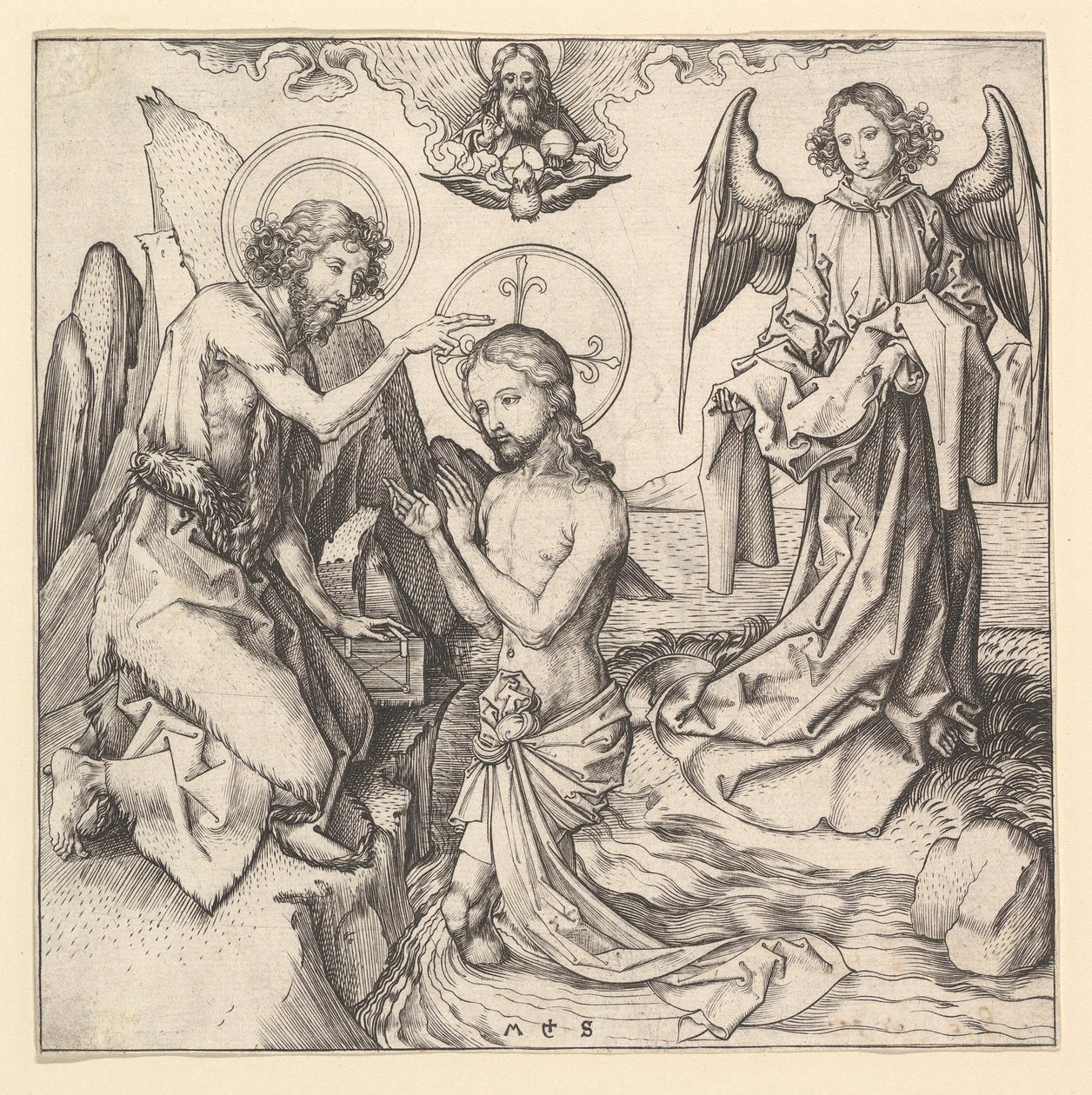 ईसा मसीह का बपतिस्मा, ca. 1470-1474। द्वारा मार्टिन शॉन्गॉउर