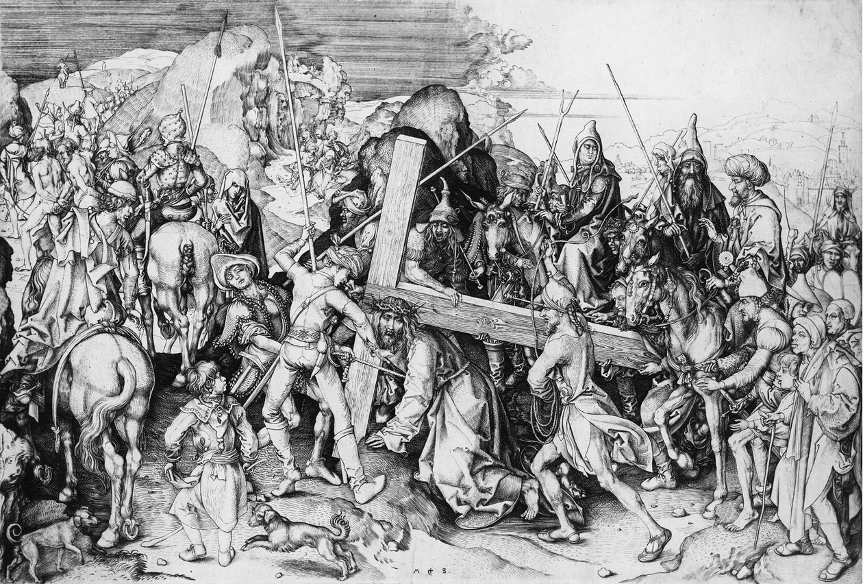 क्राइस्ट ने अपना क्रॉस धारण किया, c.1475 (उत्कीर्णन) द्वारा मार्टिन शॉन्गॉउर
