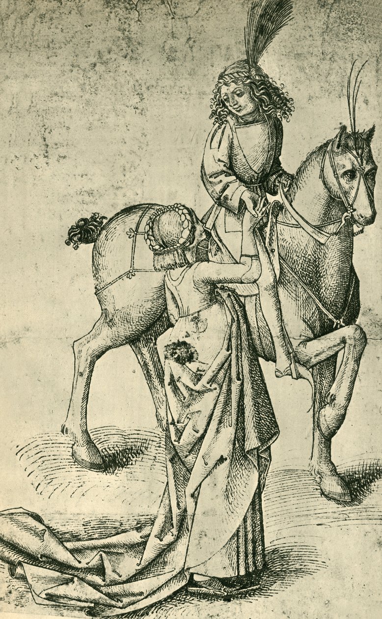 राइडर और महिला, c1480, 1943। द्वारा मार्टिन शॉन्गॉउर