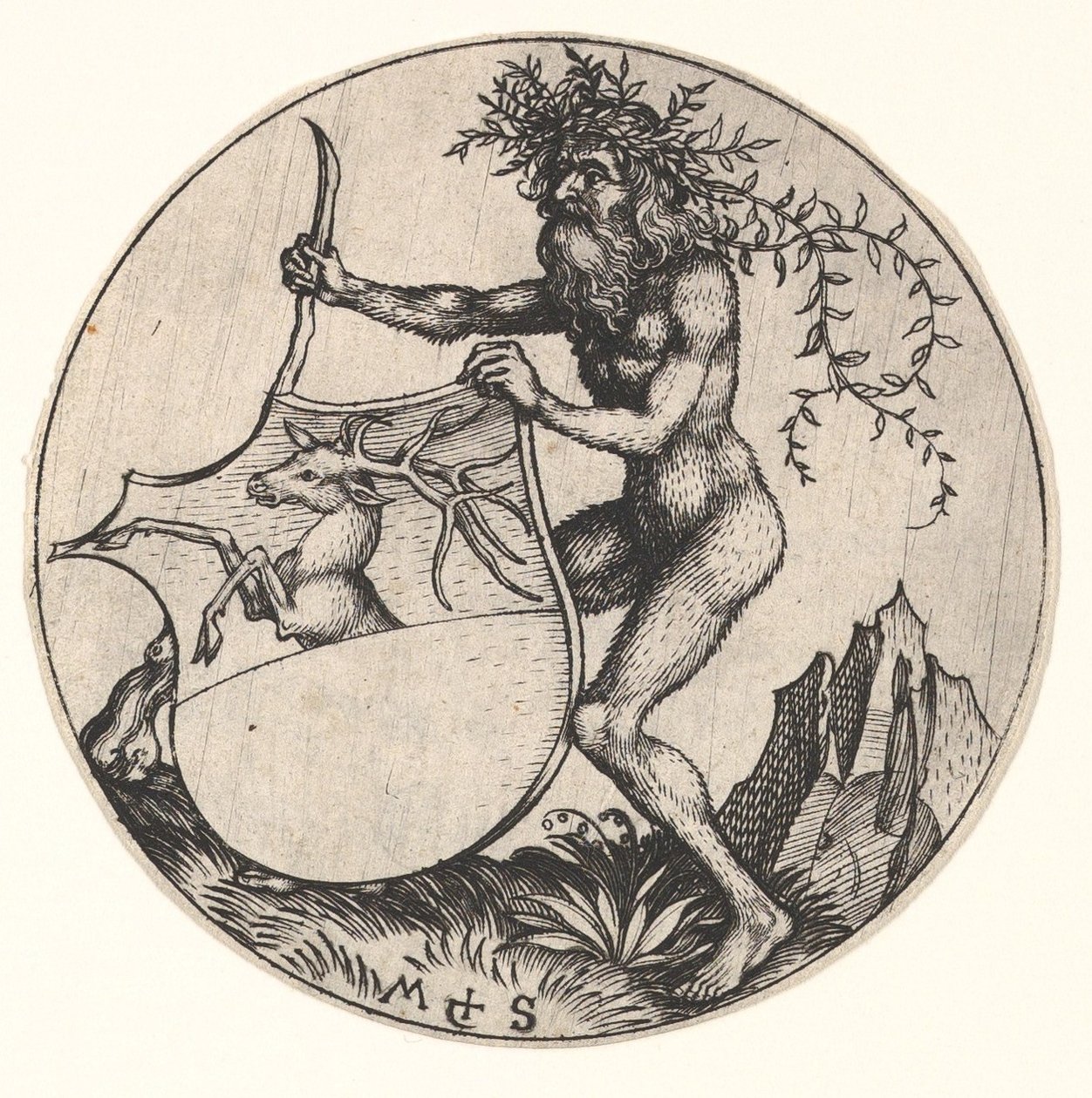 वाइल्ड मैन द्वारा स्टैग हेल्ड के साथ शील्ड, ca. 1435-1491। द्वारा मार्टिन शॉन्गॉउर