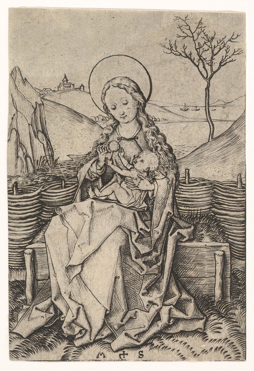 वर्जिन और चाइल्ड ऑन ए ग्रेस बेंच, ca. 1435-1491। द्वारा मार्टिन शॉन्गॉउर