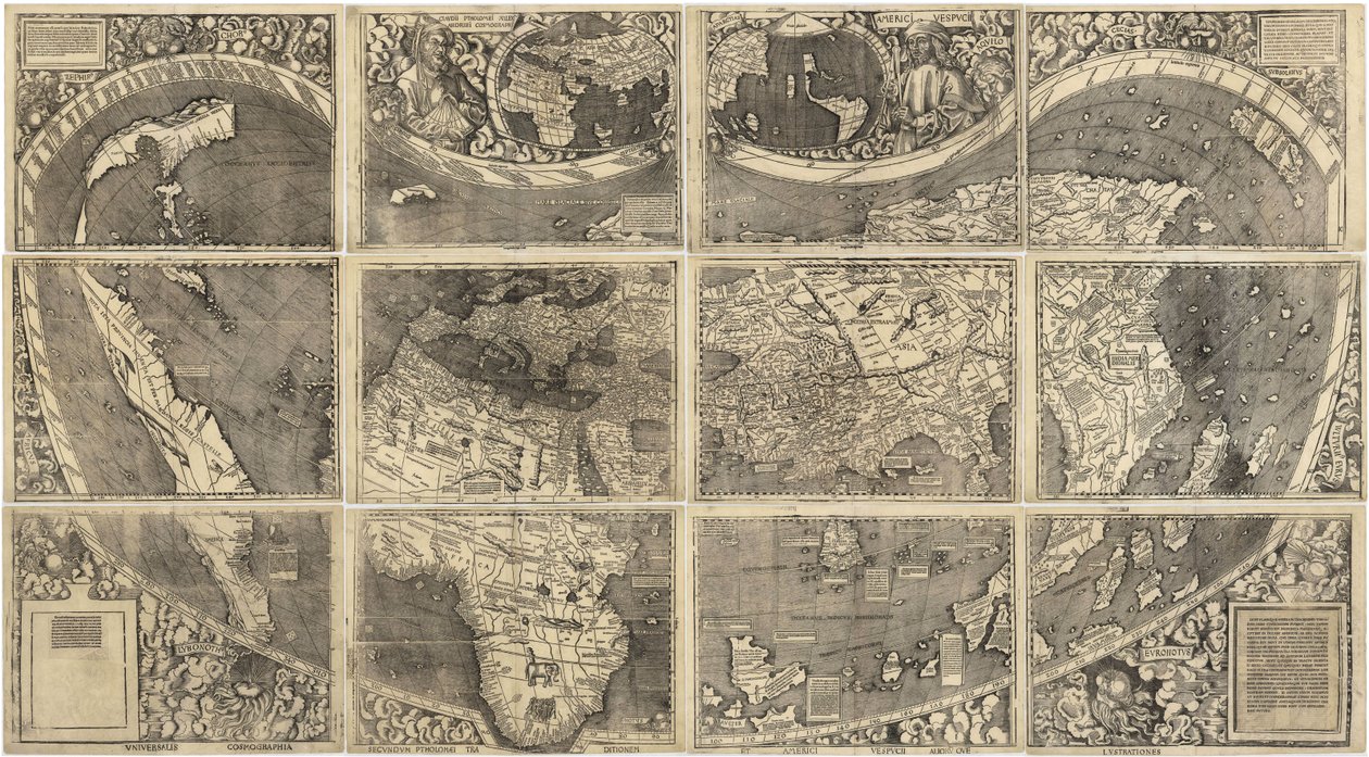 विश्व मानचित्र Universalis Cosmographia, 1507 द्वारा मार्टिन वाल्सडिमुलर