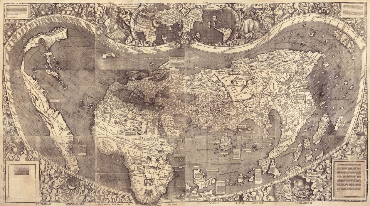 विश्व मानचित्र Universalis Cosmographia, 1507 द्वारा मार्टिन वाल्सडिमुलर