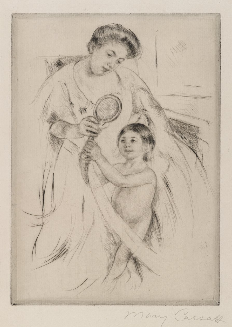 La Glace a Main, c.1905 (क्रीम रंग के बने कागज पर ड्रायपॉइंट) द्वारा मैरी कसाट