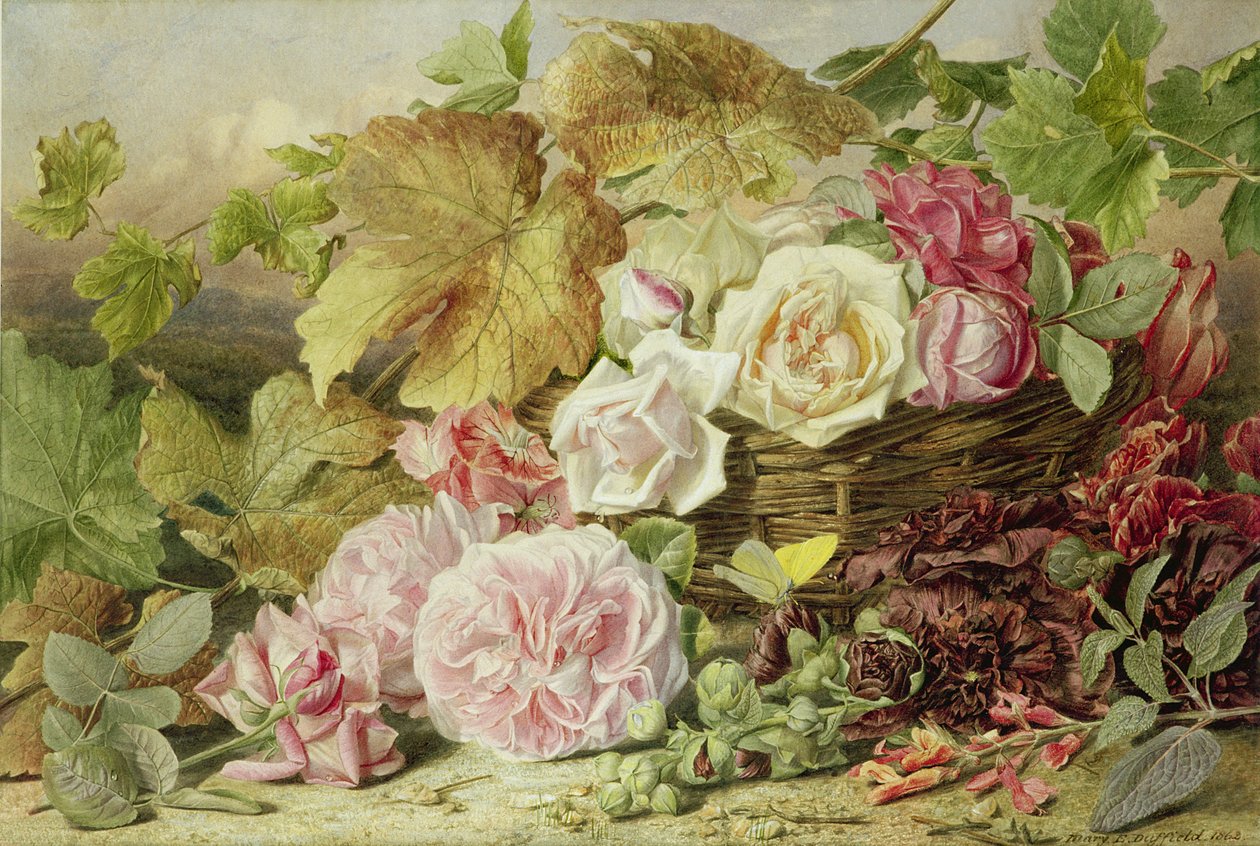 Peonies, Roses और Hollyhocks, 1862 द्वारा मैरी एलिजाबेथ डफिल्ड