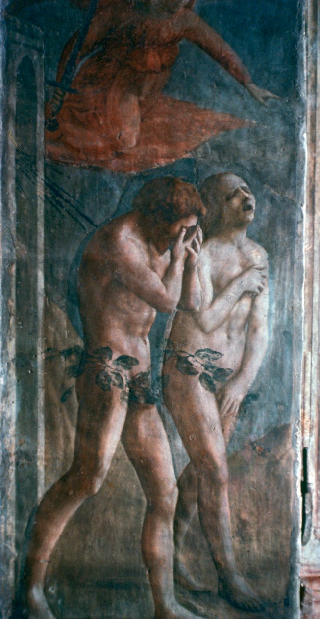 आदम और हव्वा ने स्वर्ग से निर्वासित कर दिया, विवरण, पूर्व-बहाली, c1427। द्वारा मासासिओ टोमासो