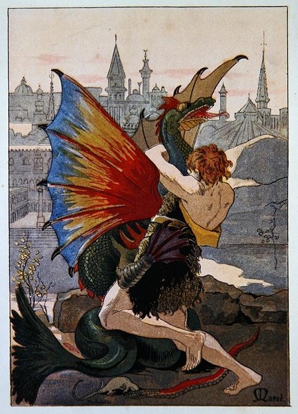 जीन-ल'ऑर्स इन कॉम्बैट विद अ ड्रैगन, c.1900 (कलर लिथो) द्वारा मास मास