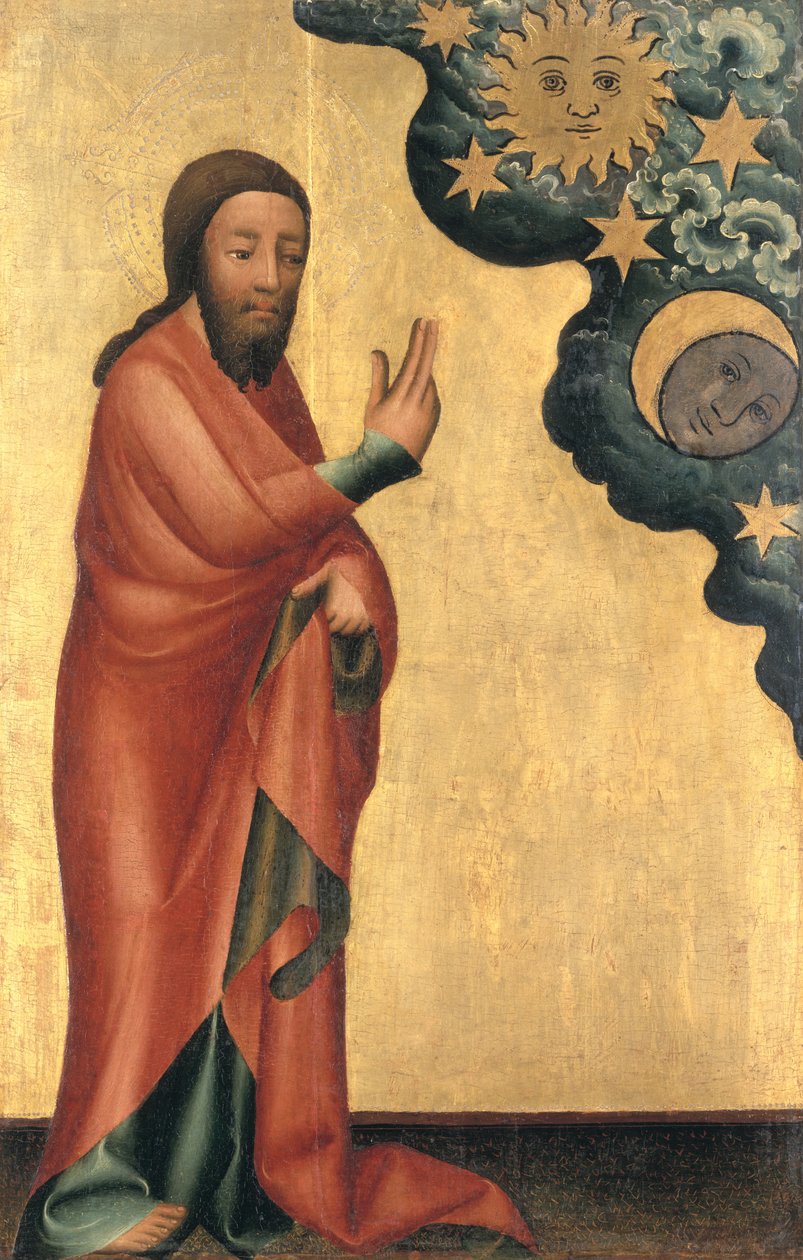 सूर्य, चंद्रमा और सितारों का निर्माण, ग्रैबो अल्टारपीस से विस्तार, 1379-83 (पैनल पर तापमान) द्वारा मिंडेन के मास्टर बर्ट्राम