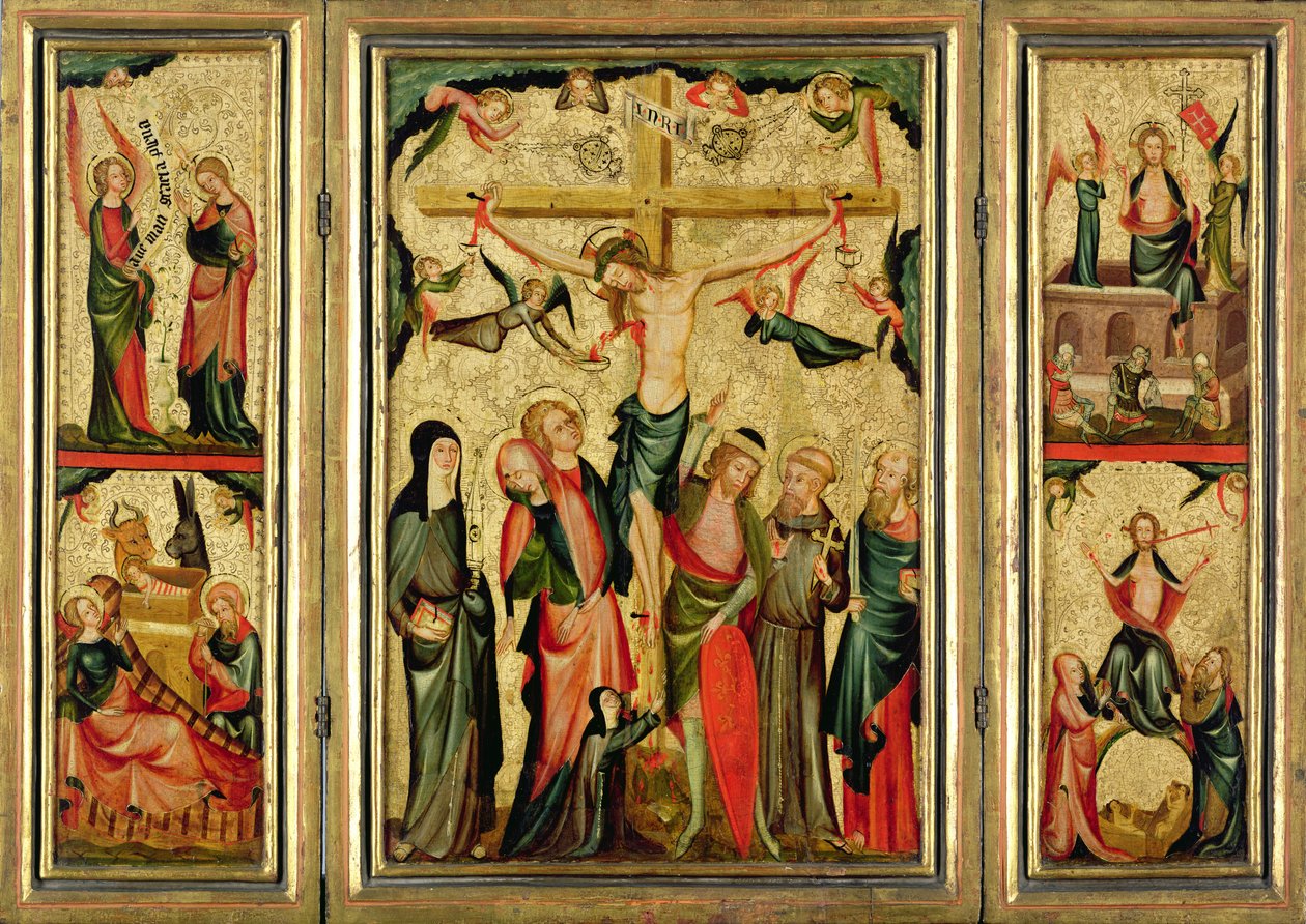 Triptych मसीह के क्रूसीफिकेशन का चित्रण, c.1350 (पैनल पर तड़का और सोने की पत्ती) (यह भी देखें 232372) द्वारा कोलोन के मास्टर