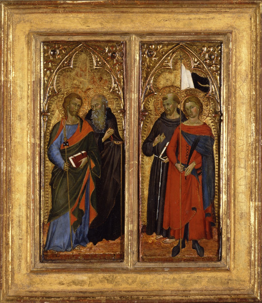 संता जेम्स, एंथोनी एबॉट, फ्रांसिस, और अंसानुस, c.1385-90 (पैनल पर तापमान) द्वारा पानजानो के मास्टर