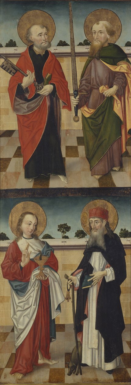 शीर्ष: सेंट पीटर एक कुंजी और सेंट पॉल होल्डिंग एक तलवार; नीचे: सेंट जॉन द इंजीलनिस्ट ने एक साँप को पकड़े हुए एक चाल पकड़ कर और सेंट एंथोनी द ग्रेट होल्डिंग एक तीर्थयात्री रॉड को एक सुअर के साथ अपने पैरों पर, द्वारा लुनेबर्ग फुटवॉशर्स के मास्टर