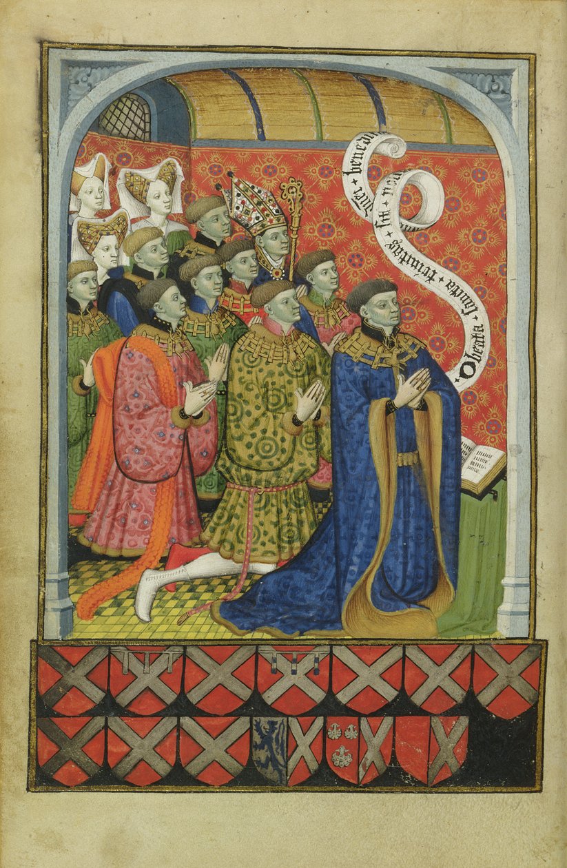 लेट 1158 f.27v नेविल परिवार प्रार्थना में, नेविल बुक ऑफ आवर्स से, 1430-35 द्वारा म्यूनिख गोल्डन लेजेंड के मास्टर