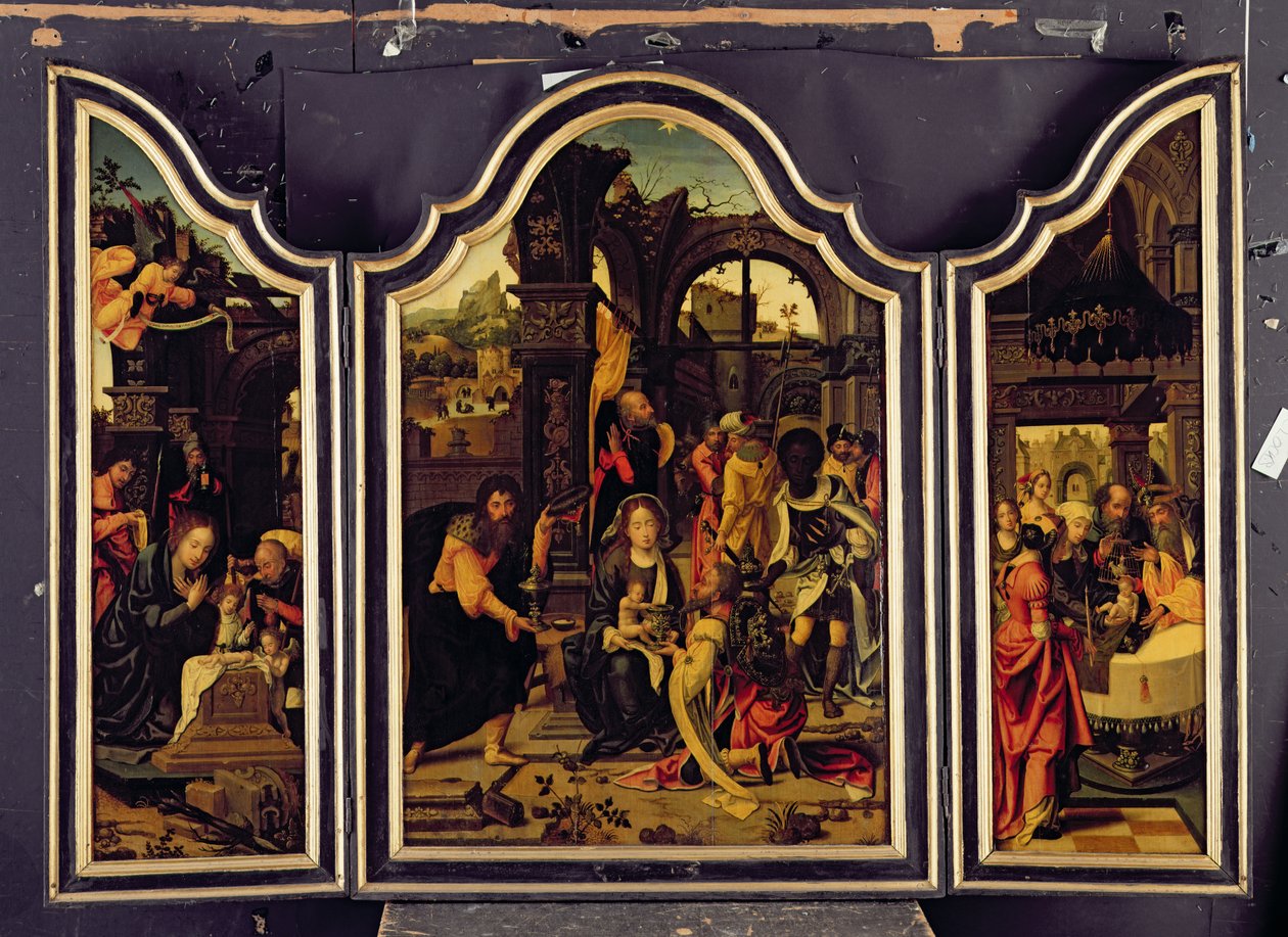 एक Triptych; मैगी का आयोजन; द नैटिविटी एंड द प्रेजेंटेशन इन द टेम्पल; की घोषणा की द्वारा 1518 के मास्टर