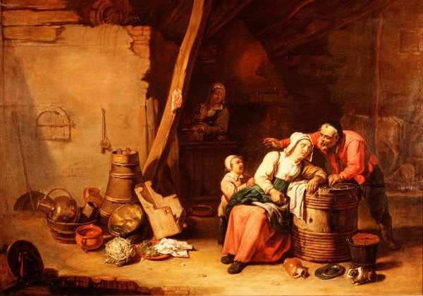 एक किसान के साथ एक खलिहान एक बूढ़ी औरत को जगाता है द्वारा बेगुइन्स के मास्टर