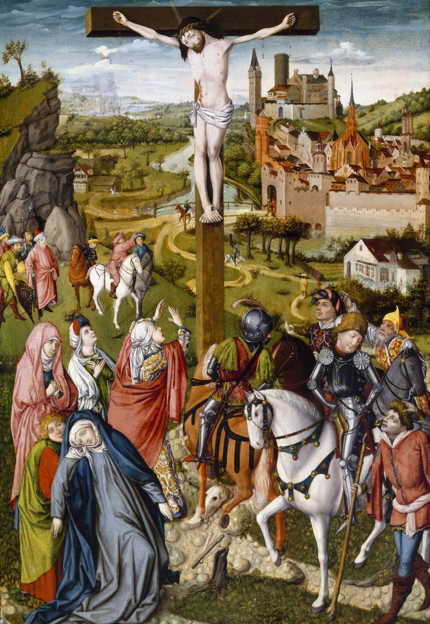 Crucifixion, c.1465-70 (लकड़ी पर तड़का और तेल) द्वारा मास्टर ऑफ जार्ज मुहालिच के मिस्टरलिन क्रॉनिकल एट्रो। जॉर्ज Muehlichs के मास्टर के लिए Meisterlin क्रॉनिकल attr। को
