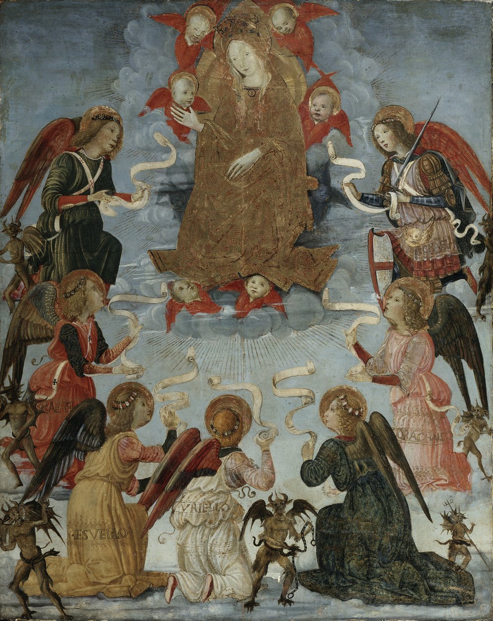 ग्लोरी में वर्जिन, सात महादूतों से घिरा, c.1490-1500 द्वारा मराड़ी के गुरु