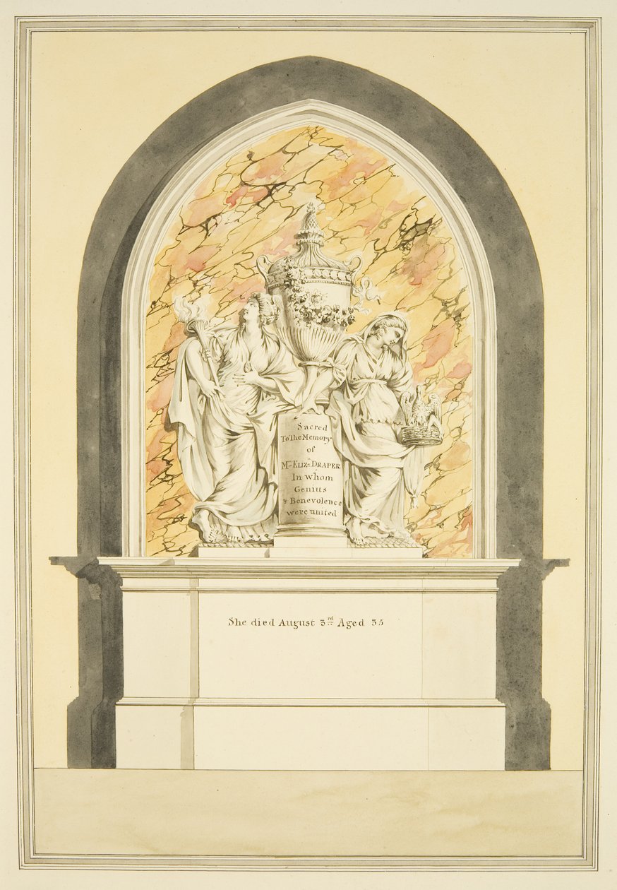 श्रीमती एलिजाबेथ ड्रेपर का मकबरा, ब्रिस्टल कैथेड्रल में 1835 में मृत्यु हो गई (कागज पर पानी के रंग का) द्वारा ब्रिस्टल चर्च स्मारकों के मास्टर
