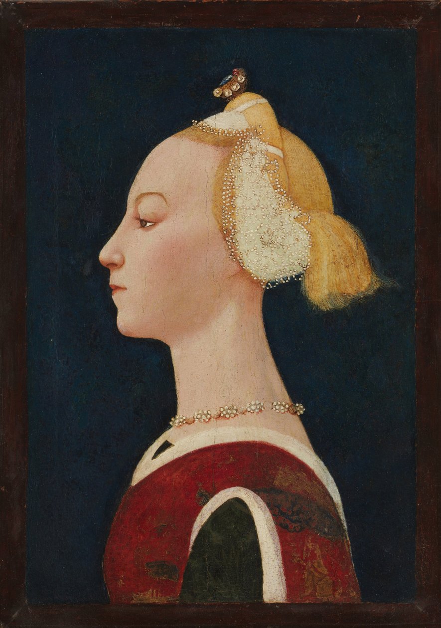 एक महिला की पोर्ट्रेट, c.1450 (कैनवास पर तापमान और सोना, लकड़ी पर स्थानांतरित) द्वारा कास्टेलो नेटिविटी के मास्टर
