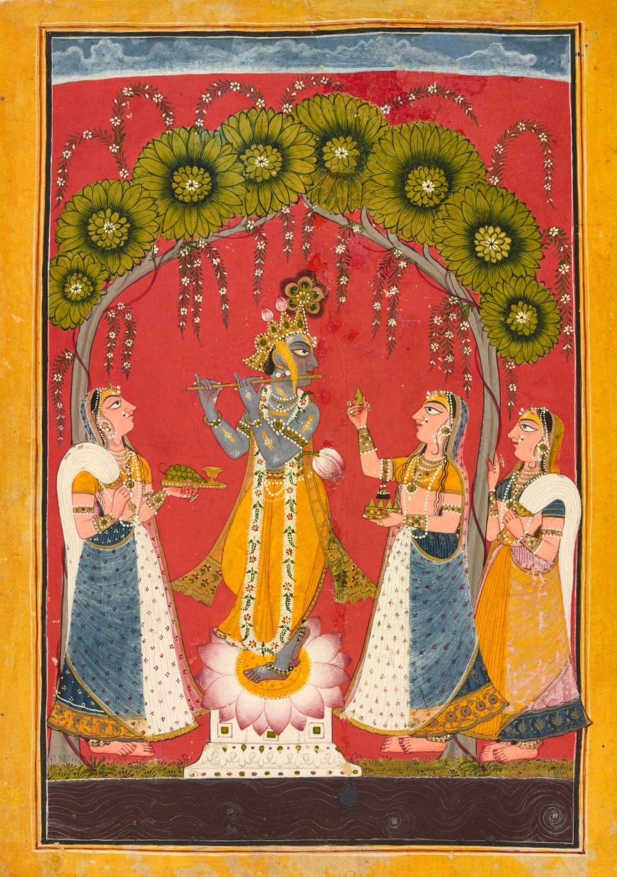 Krishna fluting, folio from a Dasavatar series, ca. 1730.  द्वारा मनकोटी के दरबार के मास्टर