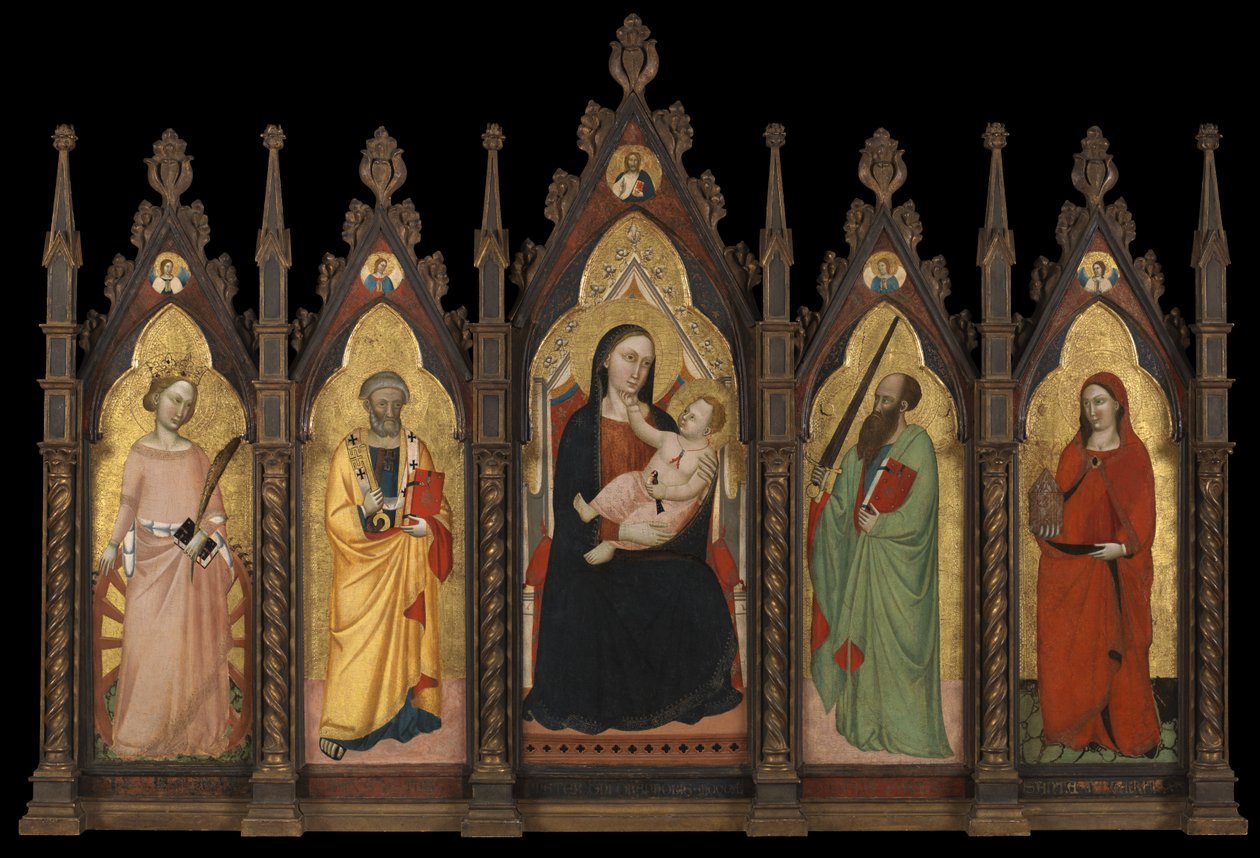 Polyptych - कुंवारी और बाल चार संतों के साथ विराजमान द्वारा डोमिनिकन प्रयासों के मास्टर