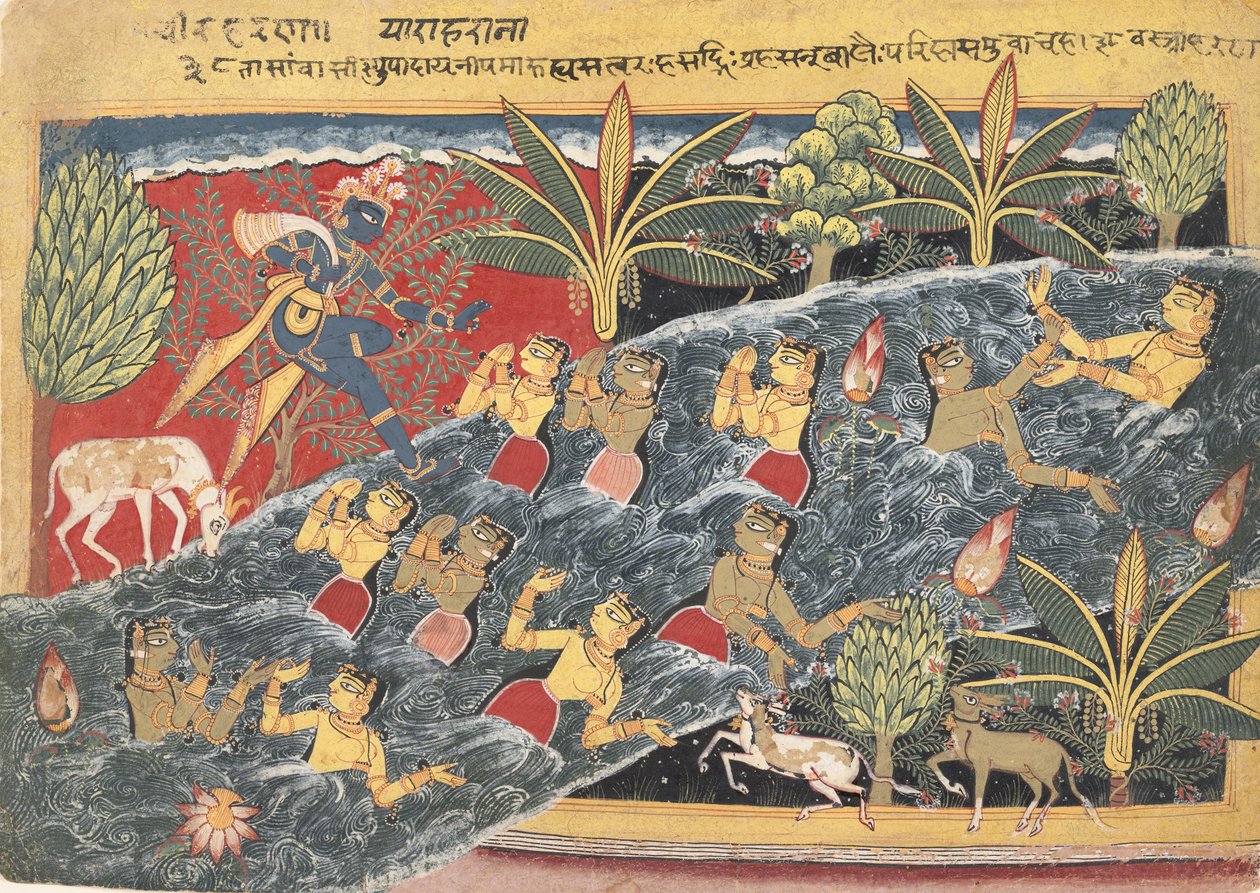 गोपियाँ कृष्ण से अपने वस्त्र वापस करने की विनती करती हैं..., ca. 1560-65. द्वारा Isarda के मास्टर
