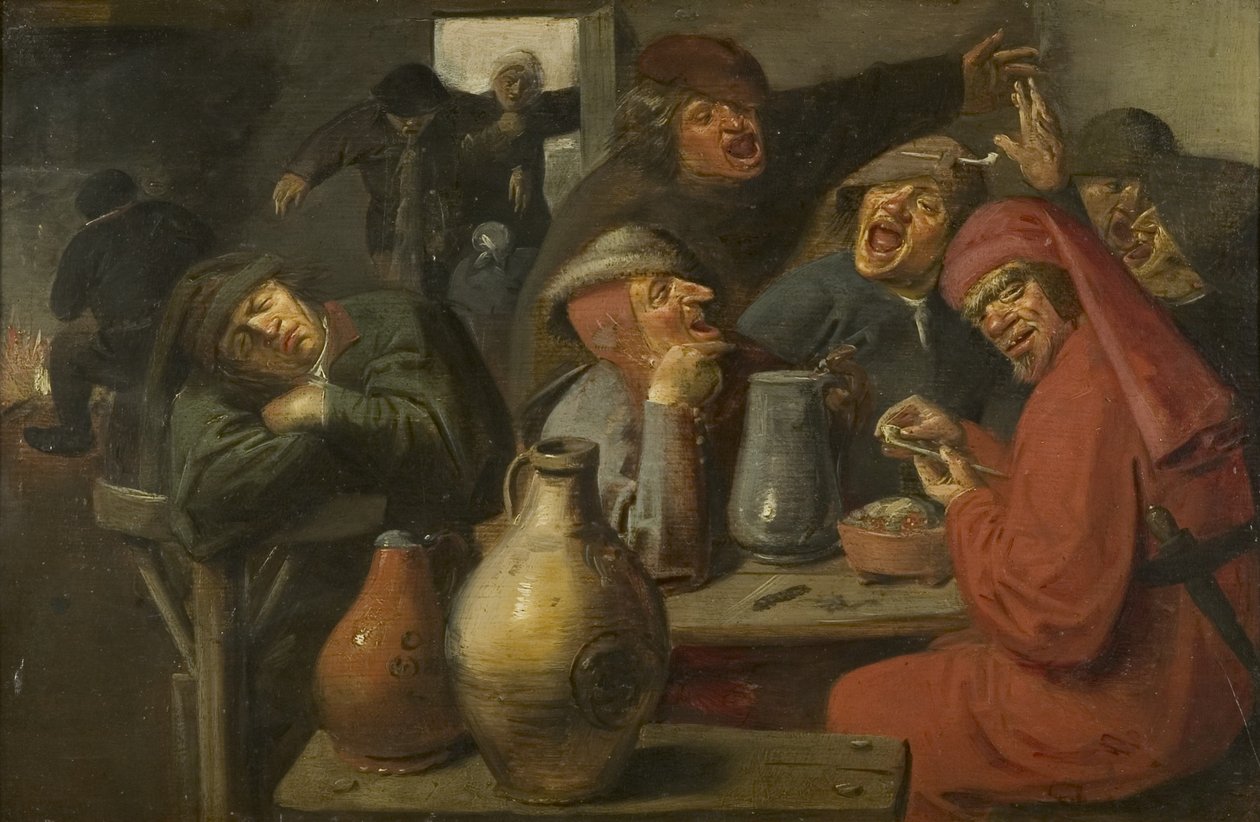 एक मधुशाला का इंटीरियर, किसानों का मांस, c.1635 (पैनल पर तेल) द्वारा बड़े जार के मास्टर